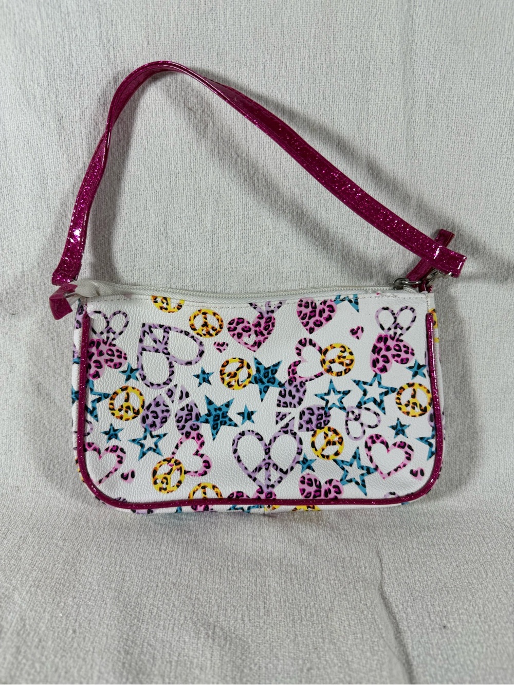 Y2K White Multicolor Leopard Print Heart, Star, Peace Sign Shoulder Clutch Bag